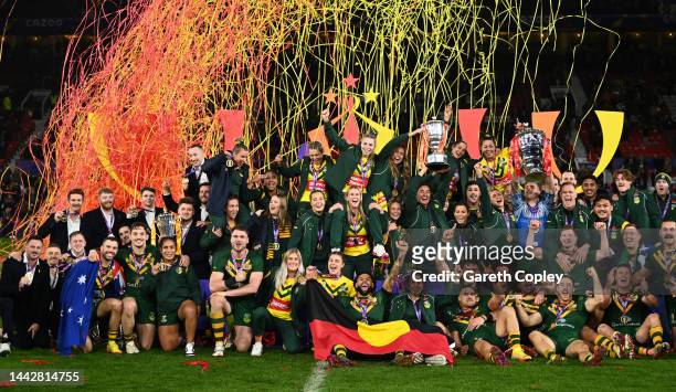 Rugby League World Cup Men's, Woman's and Wheelchair winners pose for a photo following the Rugby League World Cup Final match between Australia and...
