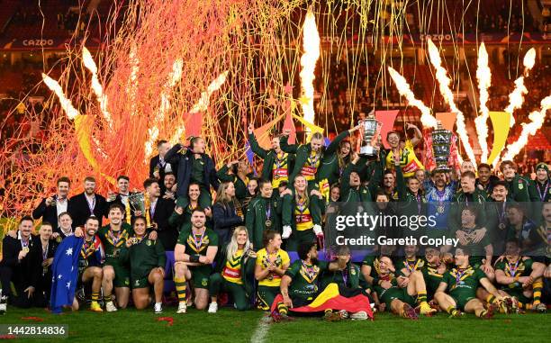 Rugby League World Cup Men's, Woman's and Wheelchair winners pose for a photo following the Rugby League World Cup Final match between Australia and...