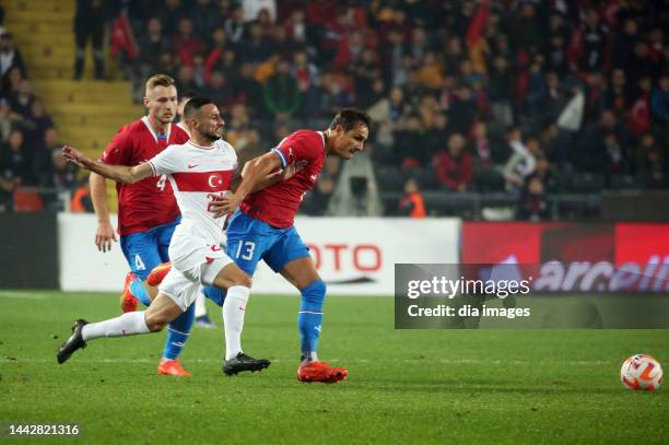 Deniz Türüç of Turkey in action with Aleš Matějů and Jakub Brabec of Czech Republic during the Turkey and Czech Republic Friendly match at Gaziantep...