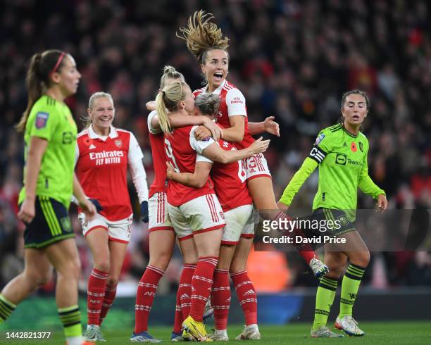 Laura Wienroither celebrates scoring Arsenal's 2nd goal with Beth Mead and Lia Walti during the WSL match between Arsenal Women and Manchester United...