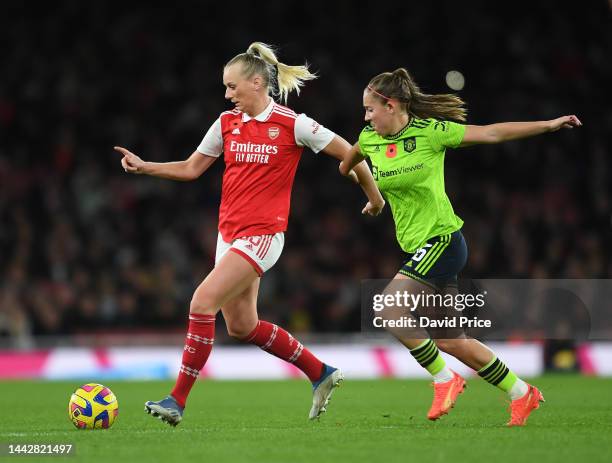 Stina Blackstenius of Arsenal takes on Maya Le Tissier of Man Utd during the WSL match between Arsenal Women and Manchester United Women during the...