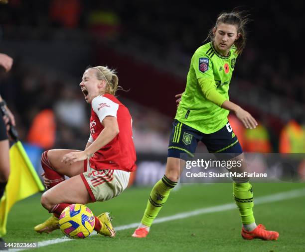 Arsenal's Beth Mead injured after a challenge by Man United's Hannah Blundell during the FA Women's Super League match between Arsenal and Manchester...