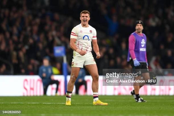 Henry Slade of England celebrates following a TMO Review, which results in their side's try for Will Stuart , during the Autumn International match...