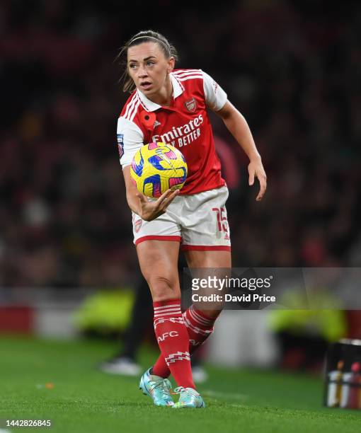 Katie McCabe of Arsenal holds the ball during the WSL match between Arsenal Women and Manchester United Women during the FA Women's Super League...