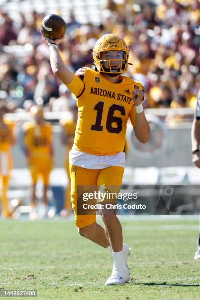 Quarterback Trenton Bourguet of the Arizona State Sun Devils throws a pass during the first half against the Oregon State Beavers at Sun Devil...