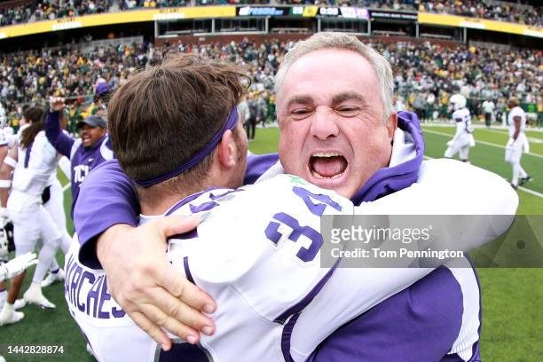 Head coach Sonny Dykes of the TCU Horned Frogs celebrates with linebacker Zach Marcheselli of the TCU Horned Frogs after the Horned Frogs beat the...