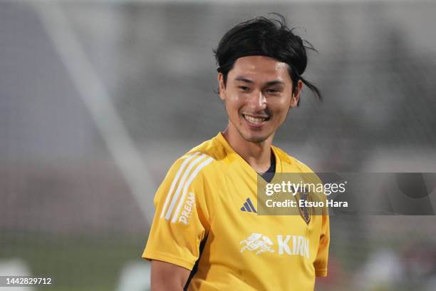 Takumi Minamino is seen during the Japan training session on November 19, 2022 in Doha, Qatar.