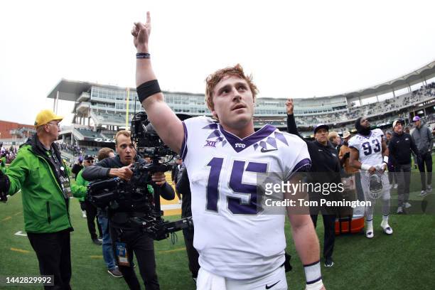 Quarterback Max Duggan of the TCU Horned Frogs walks off the field after the Horned Frogs beat the Baylor Bears 29-28 at McLane Stadium on November...