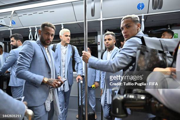 Neymar, Pedro, Rodrigo and Antony of Team Brazil board the Hyundai airport bus upon arrival ahead of the FIFA World Cup Qatar 2022 at Hamad...