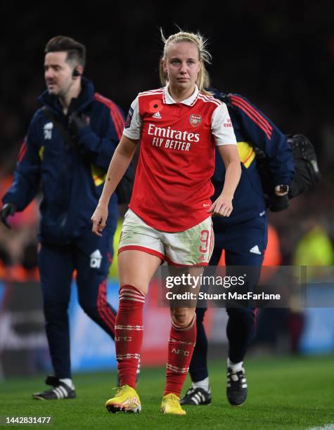 Arsenal's Beth Mead leaves the pitch injured during the FA Women's Super League match between Arsenal and Manchester United at Emirates Stadium on...