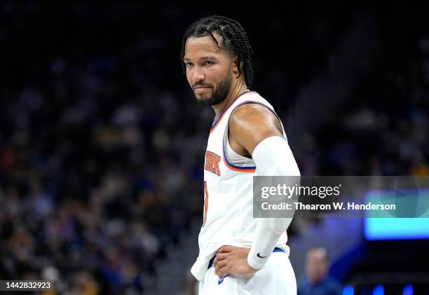 Jalen Brunson of the New York Knicks looks on against the Golden State Warriors during the third quarter of an NBA basketball game at Chase Center on...