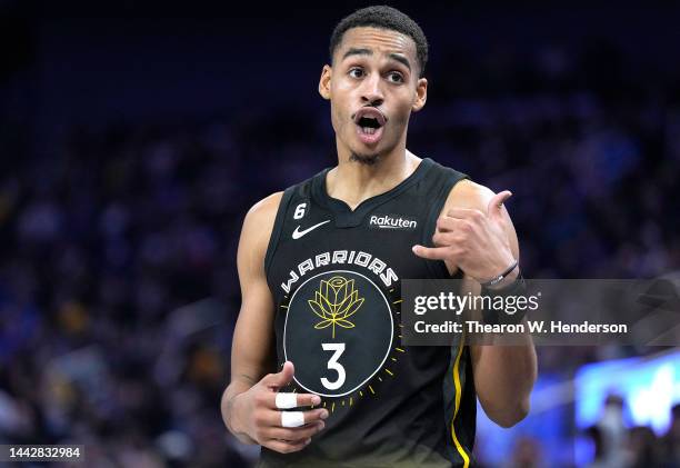 Jordan Poole of the Golden State Warriors looks on against the New York Knicks during the fourth quarter of an NBA basketball game at Chase Center on...