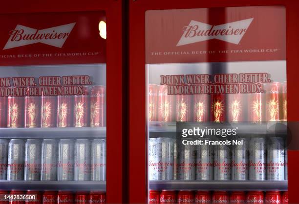 Fridge with beer is seen ahead the celebration party ahead of the FIFA World Cup 2022 Qatar Fan Festival at Al Bidda Park on November 19, 2022 in...