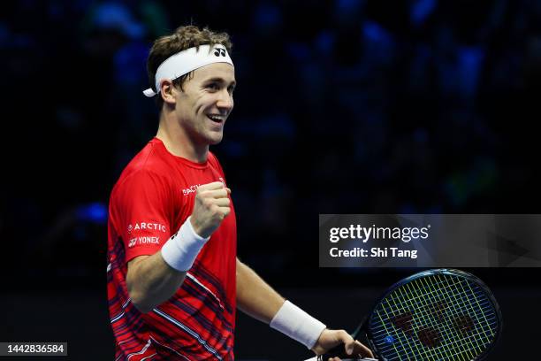 Casper Ruud of Norway celebrates the victory during his Semi Final Singles match against Andrey Rublev during day seven of the Nitto ATP Finals at...