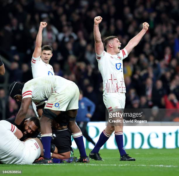 Owen Farrell of England celebrates after Will Stuart scores their third try during the Autumn International match between England and New Zealand All...