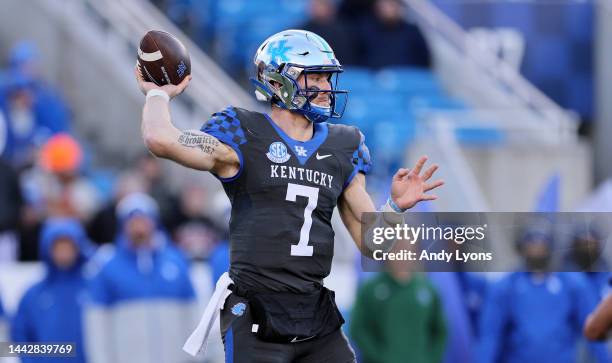 Will Levis of the Kentucky Wildcats against the Georgia Bulldogs at Kroger Field on November 19, 2022 in Lexington, Kentucky.