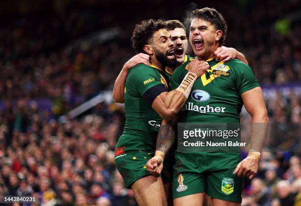 Latrell Mitchell of Australia celebrates their sides first try with Josh Addo-Carr of Australia and teammates during the Rugby League World Cup Final...