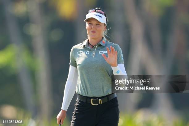 Brooke Henderson of Canada reacts after an eagle on the 17th green during the third round of the CME Group Tour Championship at Tiburon Golf Club on...