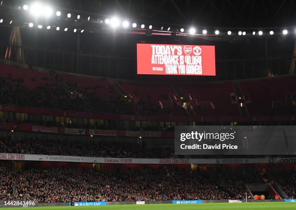 The big screen shows the attendance during the WSL match between Arsenal Women and Manchester United Women during the FA Women's Super League match...