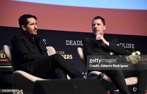 Trent Reznor and Atticus Ross from the film "Bones and All" speak onstage during Contenders Film: Los Angeles at DGA Theater Complex on November 19,...