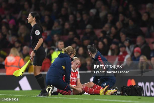 Beth Mead of Arsenal receives medical treatment during the FA Women's Super League match between Arsenal and Manchester United at Emirates Stadium on...