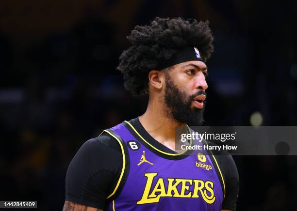 Anthony Davis of the Los Angeles Lakers during a 128-121 Lakers win over the Detroit Pistons at Crypto.com Arena on November 18, 2022 in Los Angeles,...