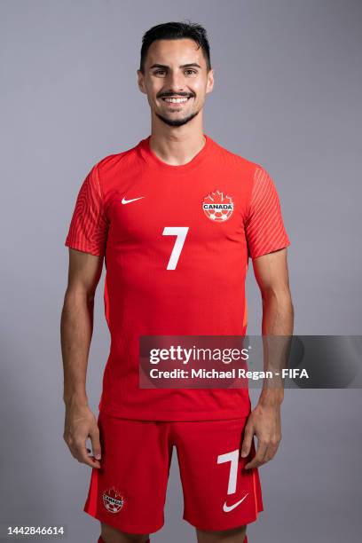 Stephen Eustaquio of Canada poses during the official FIFA World Cup Qatar 2022 portrait session on November 19, 2022 in Doha, Qatar.