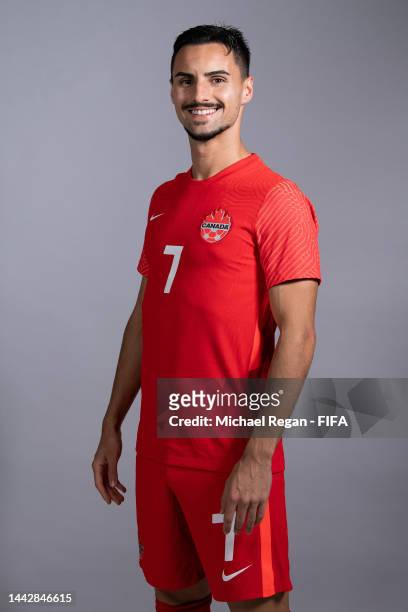 Stephen Eustaquio of Canada poses during the official FIFA World Cup Qatar 2022 portrait session on November 19, 2022 in Doha, Qatar.