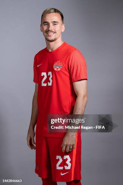 Liam Millar of Canada poses during the official FIFA World Cup Qatar 2022 portrait session on November 19, 2022 in Doha, Qatar.