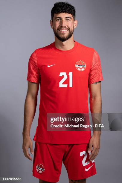 Jonathan Osorio of Canada poses during the official FIFA World Cup Qatar 2022 portrait session on November 19, 2022 in Doha, Qatar.