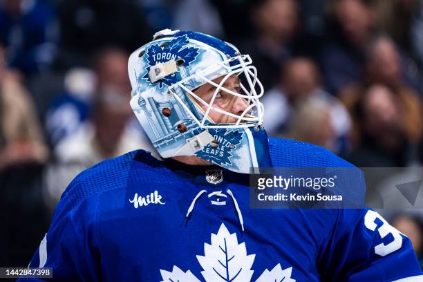 Matt Murray of the Toronto Maple Leafs looks on against the New Jersey Devils during the second period at the Scotiabank Arena on November 17, 2022...