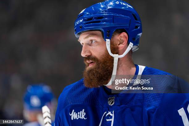 Jordie Benn of the Toronto Maple Leafs looks on against the New Jersey Devils during the second period at the Scotiabank Arena on November 17, 2022...