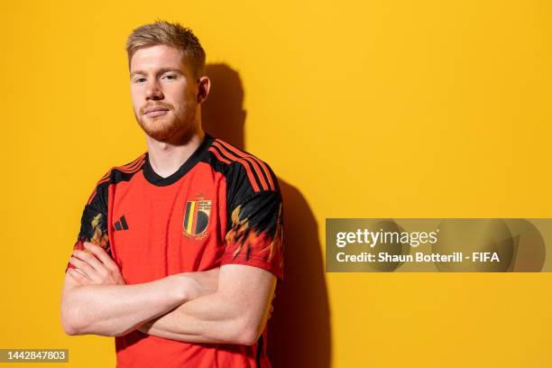 Kevin De Bruyne of Belgium poses during the official FIFA World Cup Qatar 2022 portrait session on November 19, 2022 in Doha, Qatar.