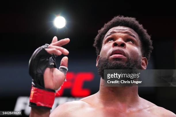 Kennedy Nzechukwu of Nigeria reacts after his knockout victory over Ion Cutelaba of Moldova in a light heavyweight fight during the UFC Fight Night...