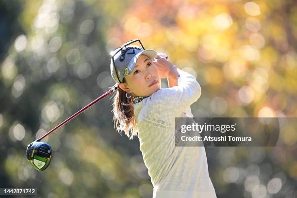 Momoko Ueda of Japan hits her tee shot on the 5th hole during the final round of Daio Paper Elleair Ladies at Elleair Golf Club Matsuyama on November...