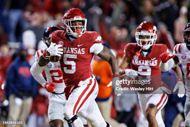 Raheim Sanders of the Arkansas Razorbacks runs the ball in the first half during a game against the Mississippi Rebels at Donald W. Reynolds...