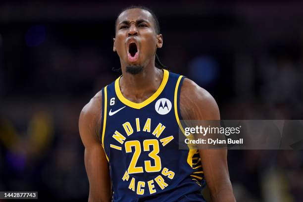 Aaron Nesmith of the Indiana Pacers reacts after making a shot in the third quarter against the Orlando Magic at Gainbridge Fieldhouse on November...