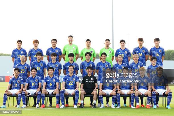 Players and coach of Japan attend the team group photo call during Japan Training and Press Conference at Al Sadd SC New Training Facilities 1 on...