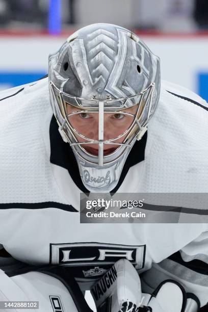 Jonathan Quick of the Los Angeles Kings looks on during warm-up prior to their NHL game against the Vancouver Canucks at Rogers Arena on November 18,...