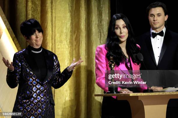 Honoree Diane Warren and Cher speak onstage during the Academy of Motion Picture Arts and Sciences 13th Governors Awards at Fairmont Century Plaza on...