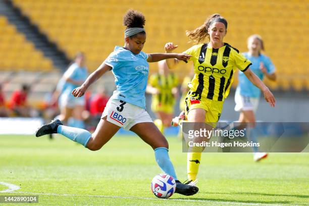 Naomi Thomas-Chinnama of Melbourne City clears the ball during the round one A-League Women's match between Wellington Phoenix and Melbourne City at...