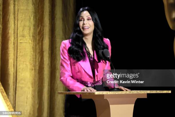 Cher speaks onstage during the Academy of Motion Picture Arts and Sciences 13th Governors Awards at Fairmont Century Plaza on November 19, 2022 in...