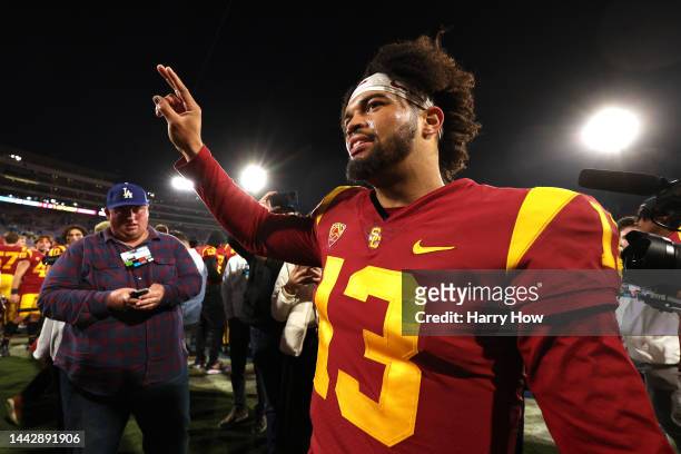 Caleb Williams of the USC Trojans celebrates after defeating the UCLA Bruins in the game at Rose Bowl on November 19, 2022 in Pasadena, California....