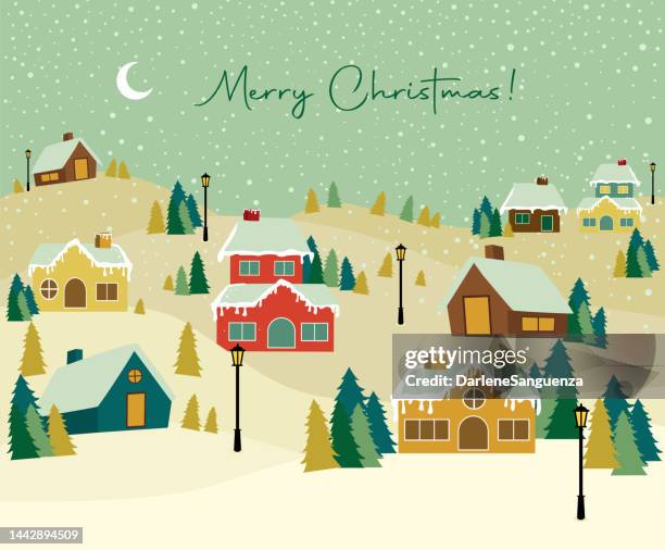 beautiful christmas landscape - snowy village stock illustrations