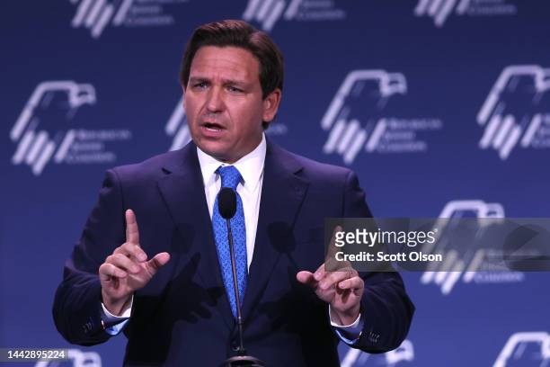 Florida Governor Ron DeSantis speaks to guests at the Republican Jewish Coalition Annual Leadership Meeting on November 19, 2022 in Las Vegas,...