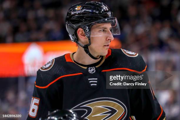 Ryan Strome of the Anaheim Ducks looks on during a third period stoppage in play against the Winnipeg Jets at the Canada Life Centre on November 17,...