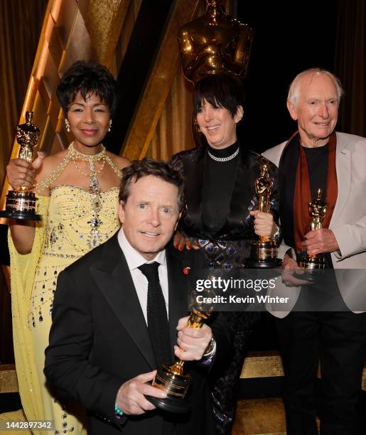 Euzhan Palcy, Michael J. Fox, Diane Warren, and Peter Weir pose with their awards during the Academy of Motion Picture Arts and Sciences 13th...