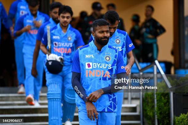 Hardik Pandya India leads his team out ahead of game two of the T20 International series between New Zealand and India at Bay Oval on November 20,...