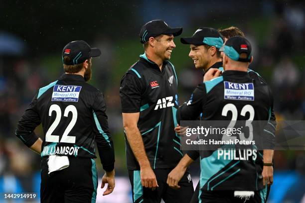 Tim Southee of the Black Caps celebrates the wicket of Rishabh Pant of India during game two of the T20 International series between New Zealand and...