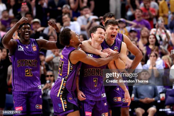 Shaun Bruce of the Kings celebrates with team mates at full time during the round 7 NBL match between The Sydney Kings and Illawarra Hawks at Qudos...